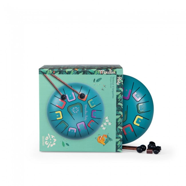 Teal musical instrument with colorful letter design on a matching box, featuring the brand 'Moulin Roty'.
