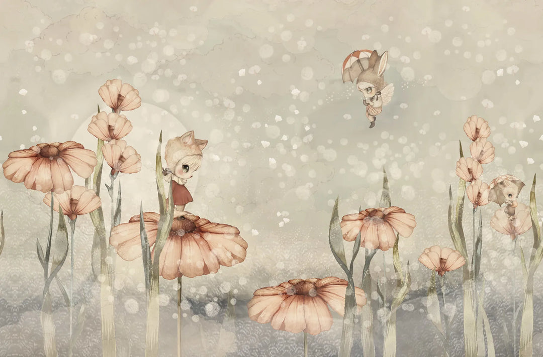 Kids Custom Wall Mural - Bloomy Fields Of Marion In Grey Green