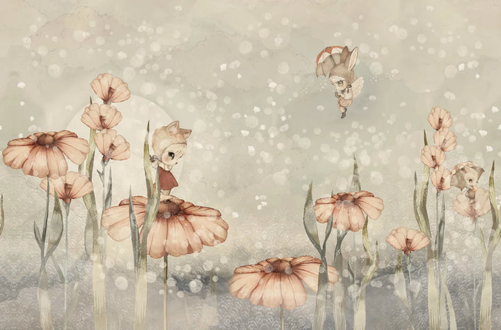 Kids Custom Wall Mural - Bloomy Fields Of Marion In Grey Green