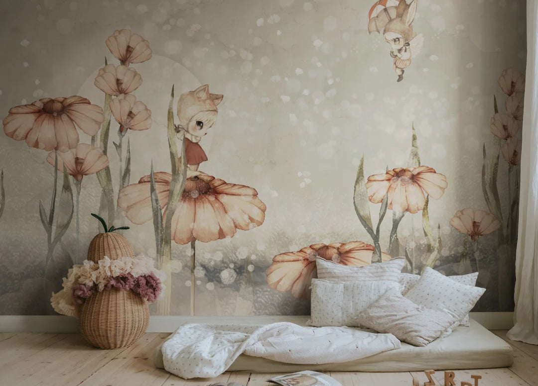 Kids Custom Wall Mural - Bloomy Fields Of Marion In Grey Green