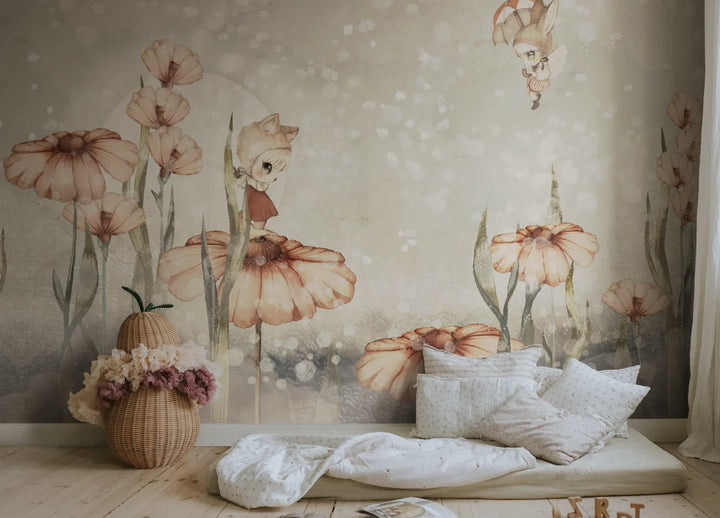 Kids Custom Wall Mural - Bloomy Fields Of Marion In Grey Green