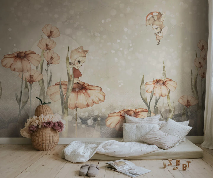 Kids Custom Wall Mural - Bloomy Fields Of Marion In Grey Green