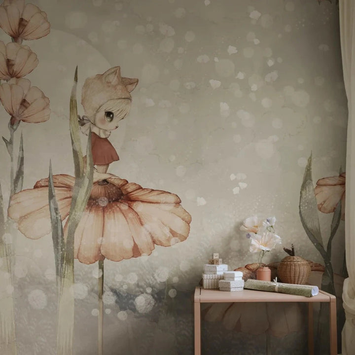 Kids Custom Wall Mural - Bloomy Fields Of Marion In Grey Green