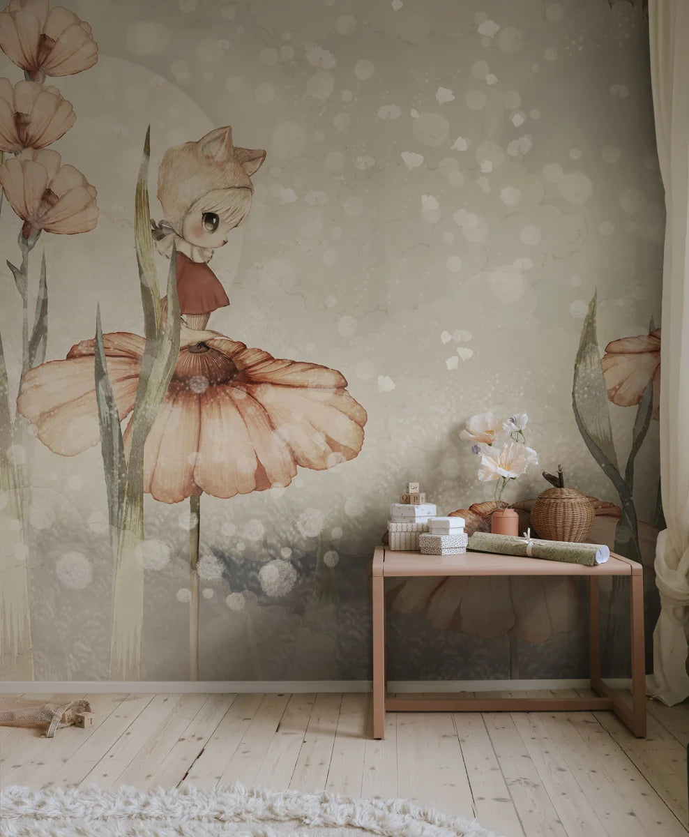 Kids Custom Wall Mural - Bloomy Fields Of Marion In Grey Green