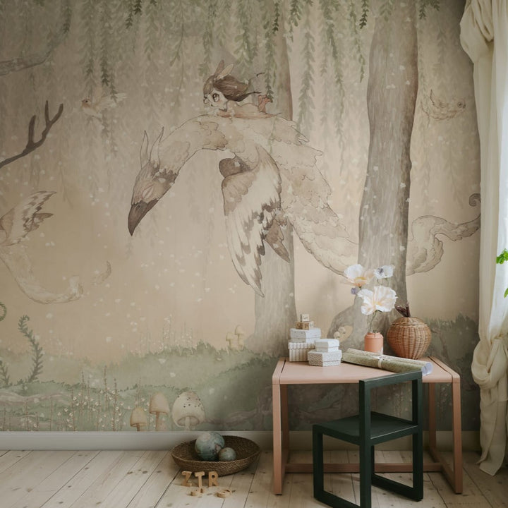 Kids Custom Wall Mural - Dream Forest Girl Green Rose