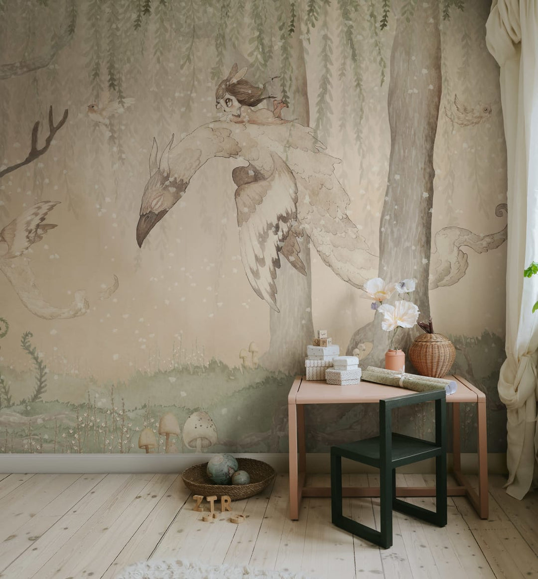 Kids Custom Wall Mural - Dream Forest Girl Green Rose