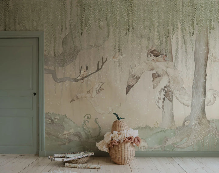 Kids Custom Wall Mural - Dream Forest Girl Green Rose