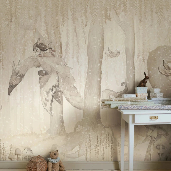 Kids Custom Wall Mural - Dream Forest Girl Off White