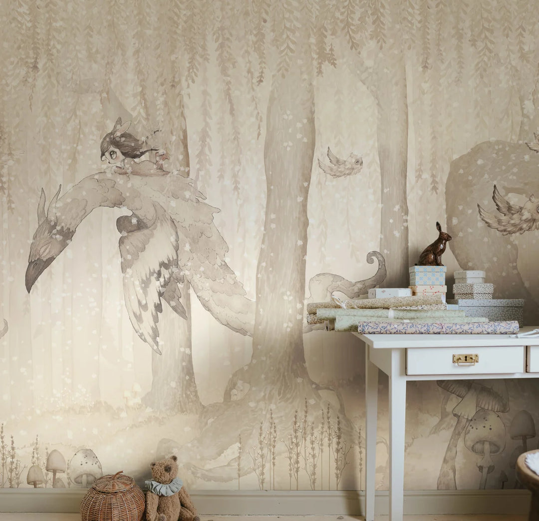 Kids Custom Wall Mural - Dream Forest Girl Off White