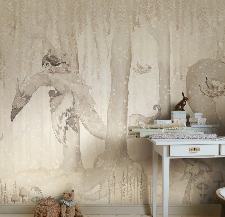 Kids Custom Wall Mural - Dream Forest Girl Off White