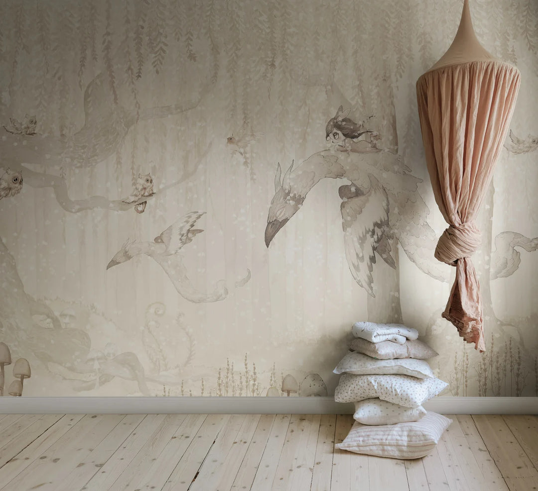 Kids Custom Wall Mural - Dream Forest Girl Off White