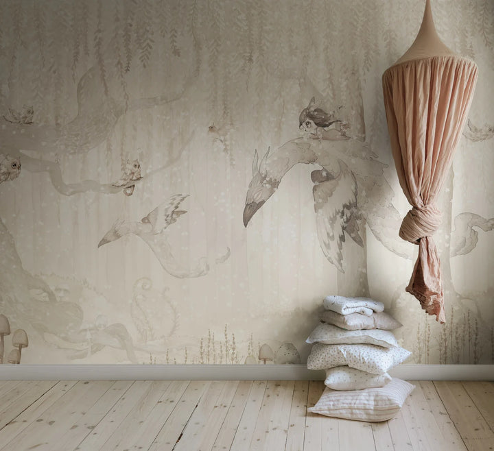 Kids Custom Wall Mural - Dream Forest Girl Off White