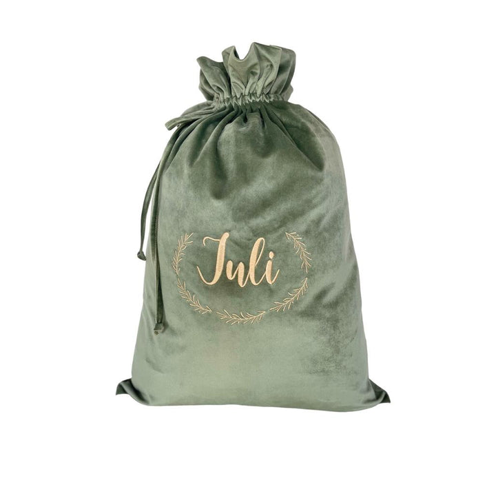Sac de Noël personnalisé en velours vert forêt