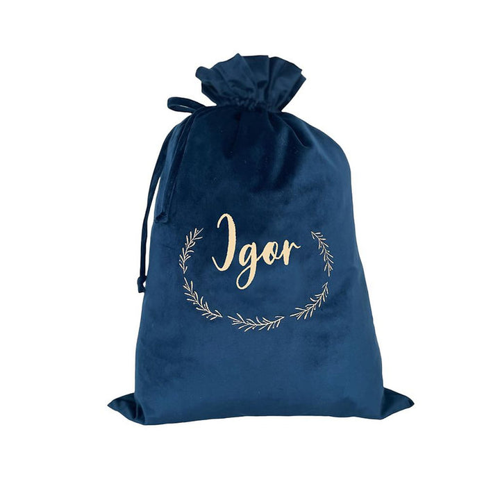 Sac de Noël personnalisé en velours bleu marine