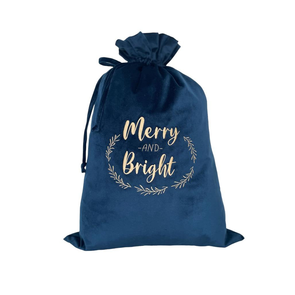 Sac de Noël personnalisé en velours bleu marine