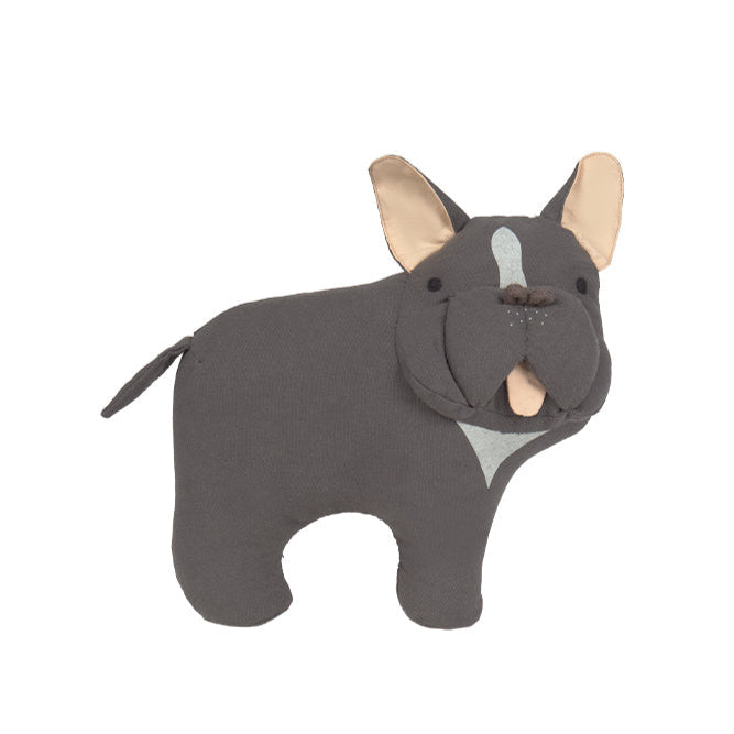 Gray plush dog cushion toy on a white background