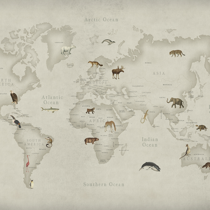 Individuelles Wandbild für Kinder - Weltkarte der Tiere