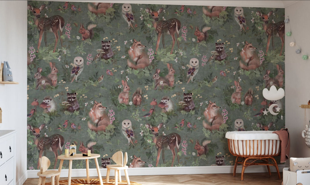 Benutzerdefinierte Wandbild für Kinder - Waldfreunde Hellgrün