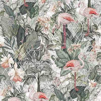 Tropical wallpaper with leafy design and pink flamingos through out