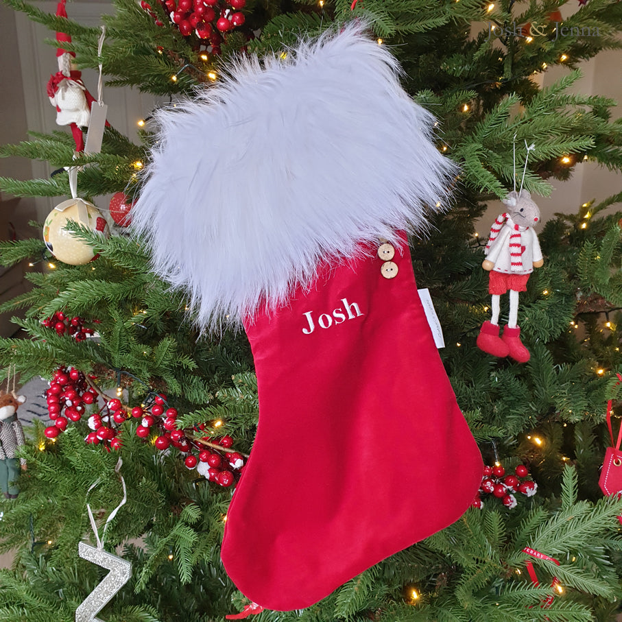Personalised Velvet Christmas Stocking - Red/White