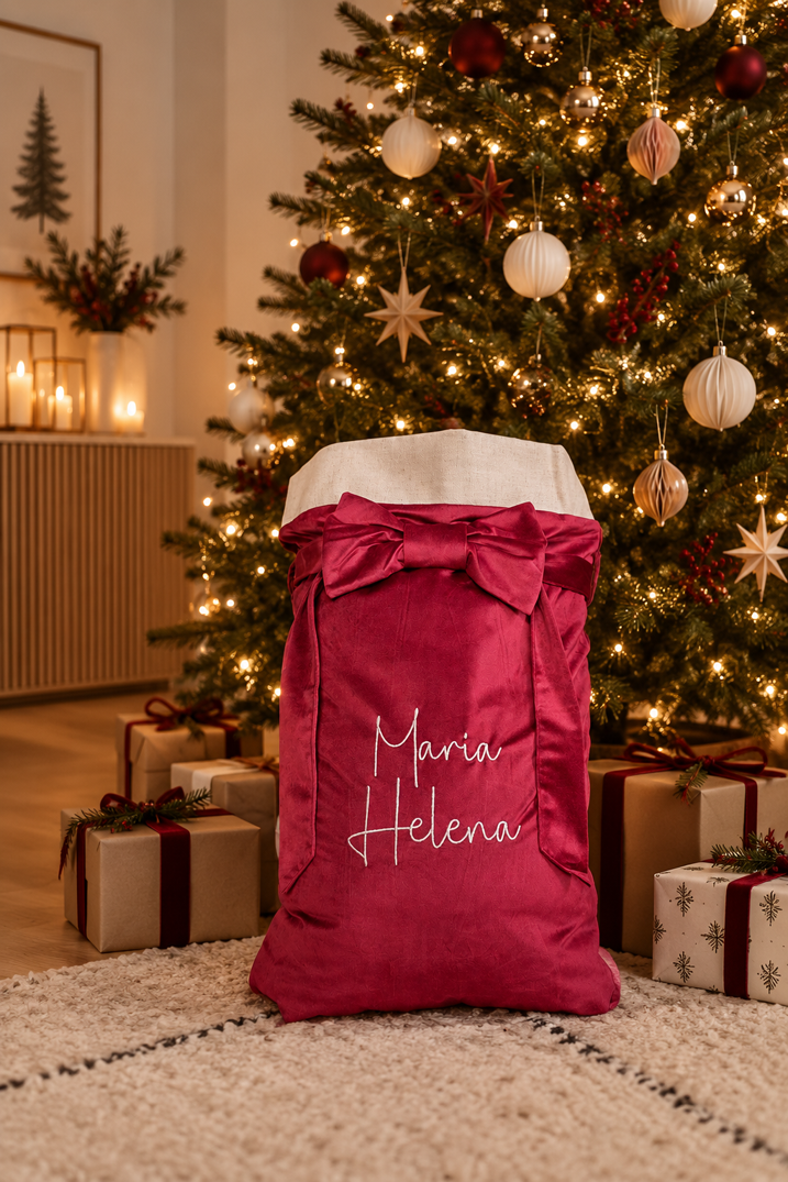 Personalisierte Weihnachtstasche aus rotem Samt
