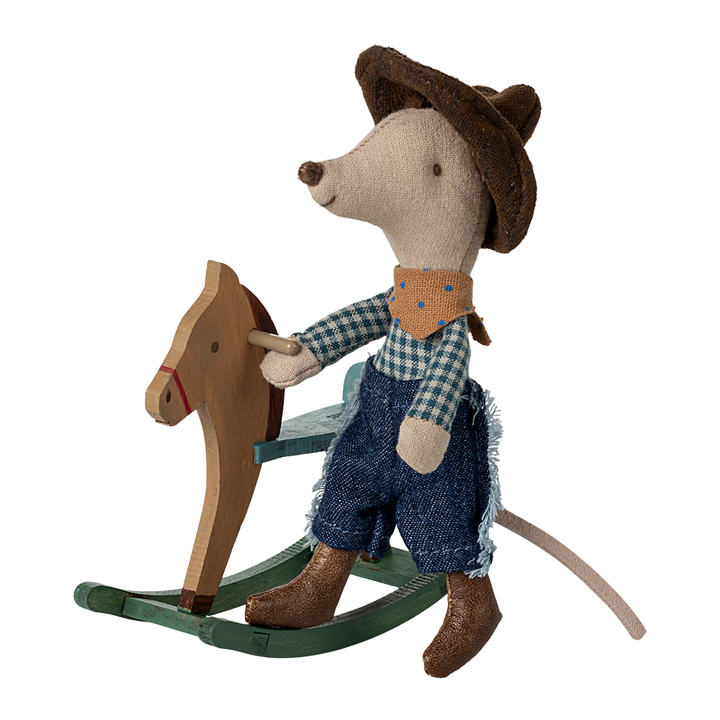 Maileg Cowboy Maus auf Schaukelpferd, kleiner Bruder