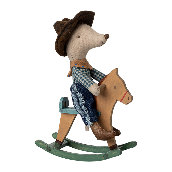 Maileg Cowboy Maus auf Schaukelpferd, kleiner Bruder