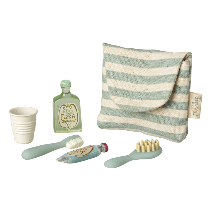 Maileg Toothbrush Set In Bag, Mouse - Blue stripe