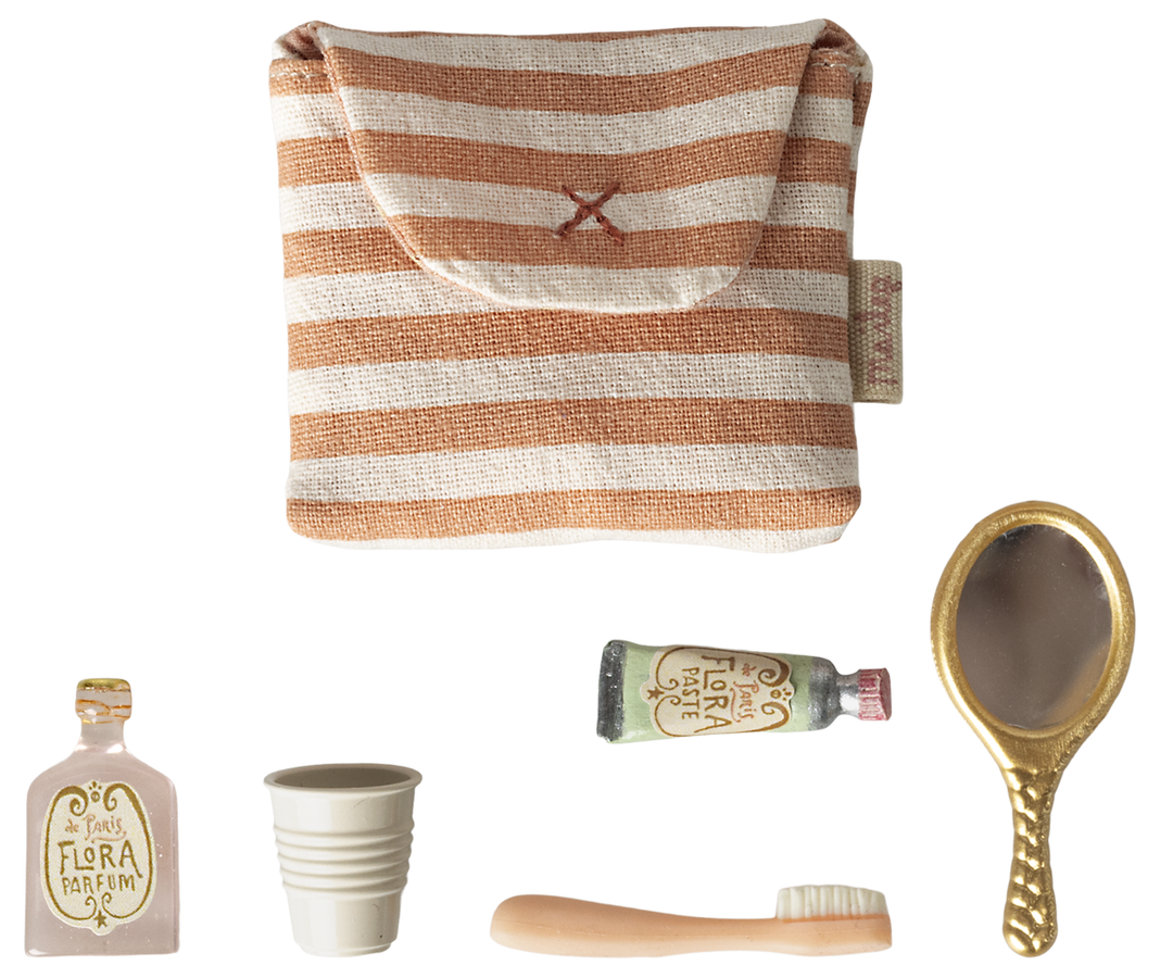 Maileg Toothbrush Set In Bag, Mouse - Coral Stripe