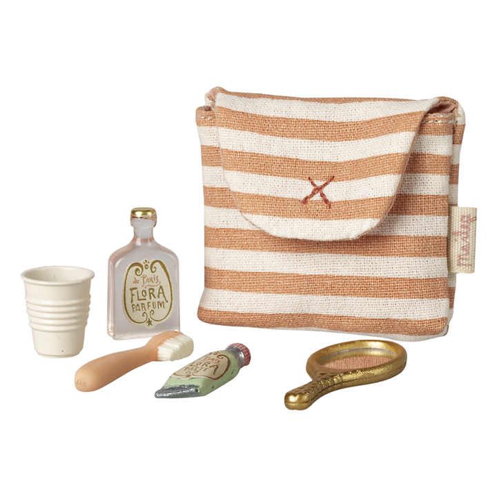Maileg Toothbrush Set In Bag, Mouse - Coral Stripe