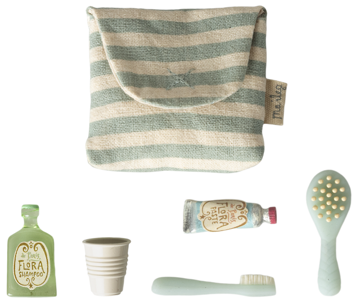 Maileg Toothbrush Set In Bag, Mouse - Blue stripe