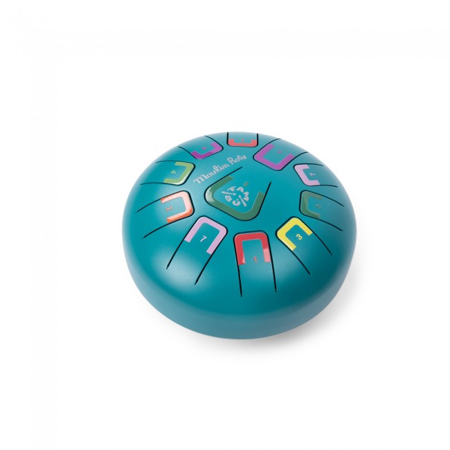 Moulin Roty Turquoise hand drum with colorful numbers  so kids can learn each note