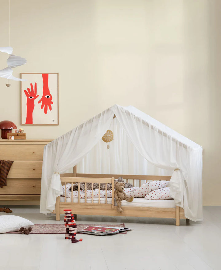 Oliver furniture wood Mini + House bed in Oak with white transparent tent the drapes over the roof making it the ideal den