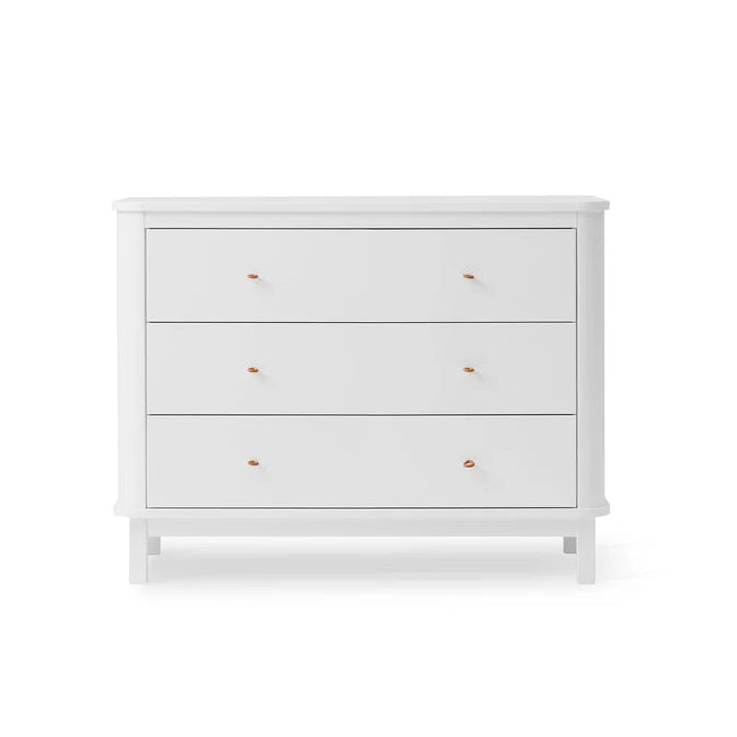 Oliver Funriture White 3 drawer dresser with leather pull knobs on a white background