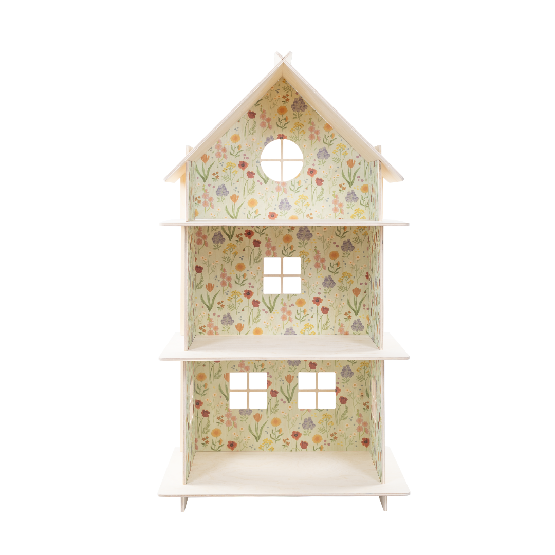 Wooden dollhouse with a meadow floral design inside on the walls