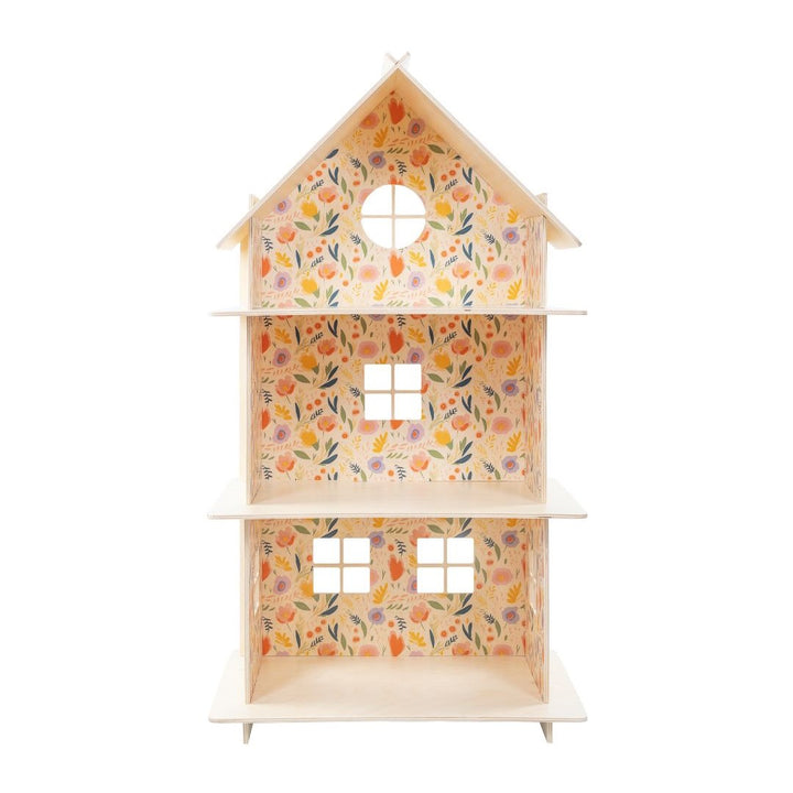 Wooden dollhouse with floral pattern on a white background