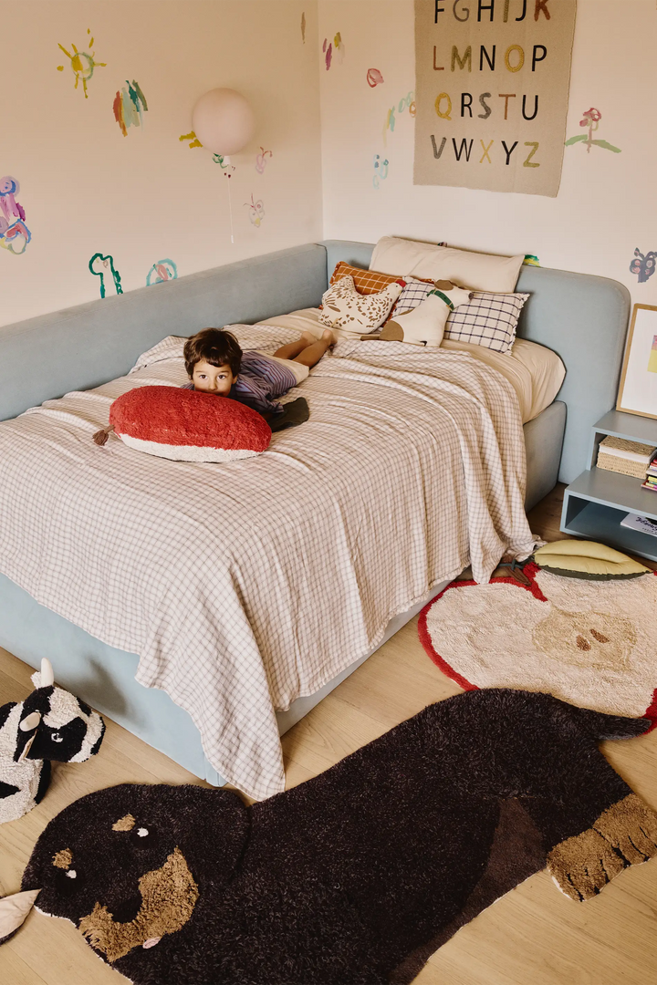 A child's bedroom scene featuring a light blue wooden bed frame with a child lying on a checkered beige and white blanket. The room is decorated with whimsical wall decals, a letter poster, and cozy rugs on the light wood floor.