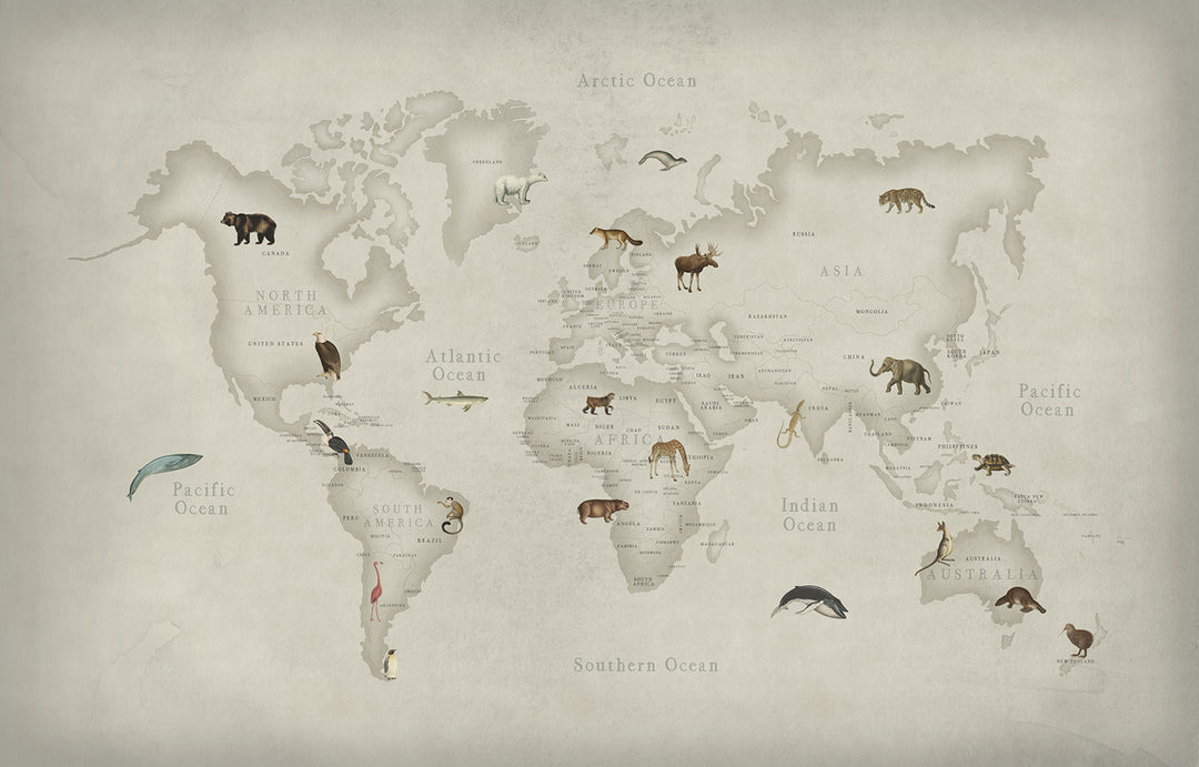 Individuelles Wandbild für Kinder - Weltkarte der Tiere