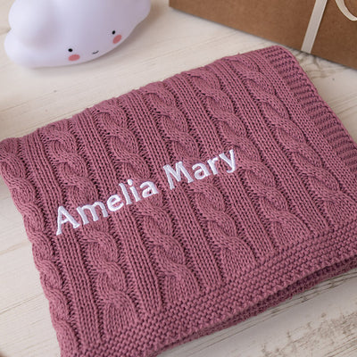 Cable Knit Cotton Baby Blanket - Dusty Rose