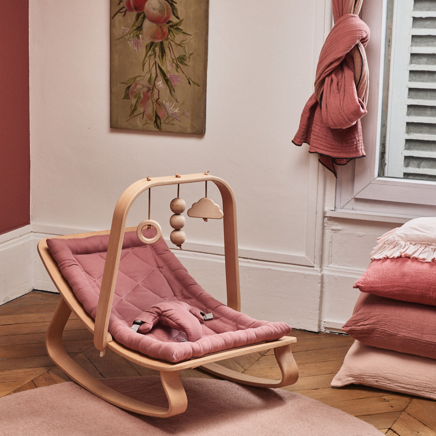 Charlie Crane Levo Baby Rocker - Beech + Bois de Rose Cushion