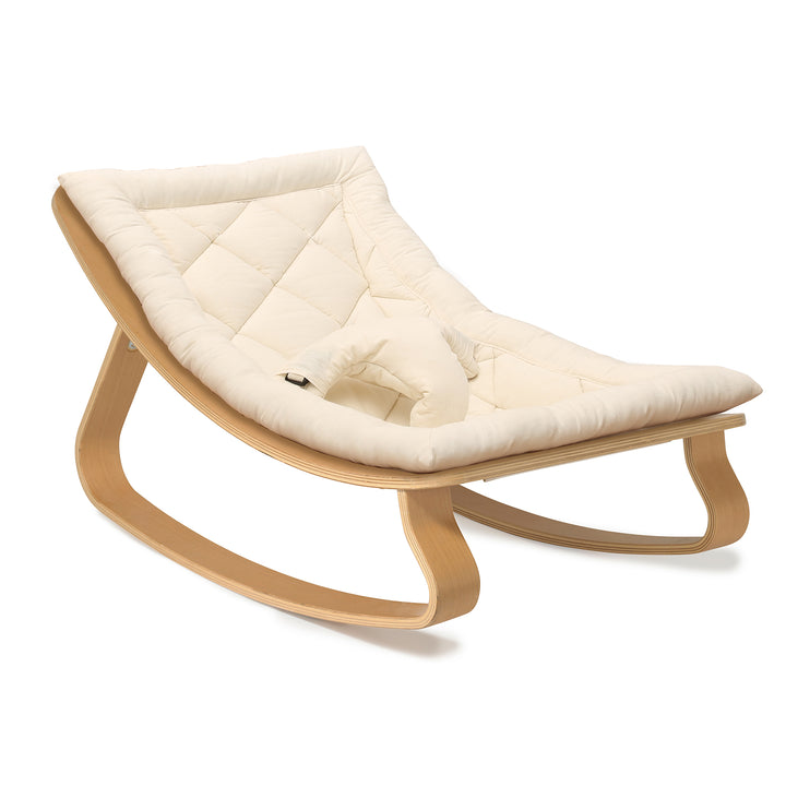 Chaise à bascule pour bébé Charlie Crane Levo - Hêtre + coussin blanc bio