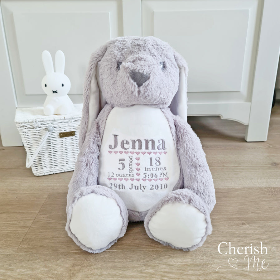 Cherish Me Personalised Grey Bunny - Birth Announcement