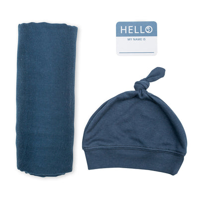 Hello World Baby Swaddle & Hat Set - Navy