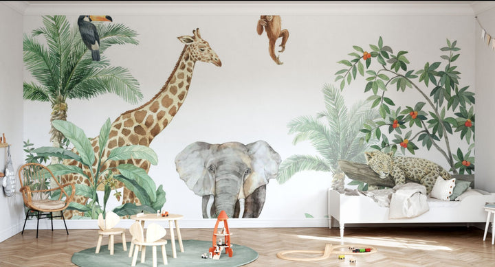 Papier peint personnalisé pour enfants – Les amis de la jungle + éléphant