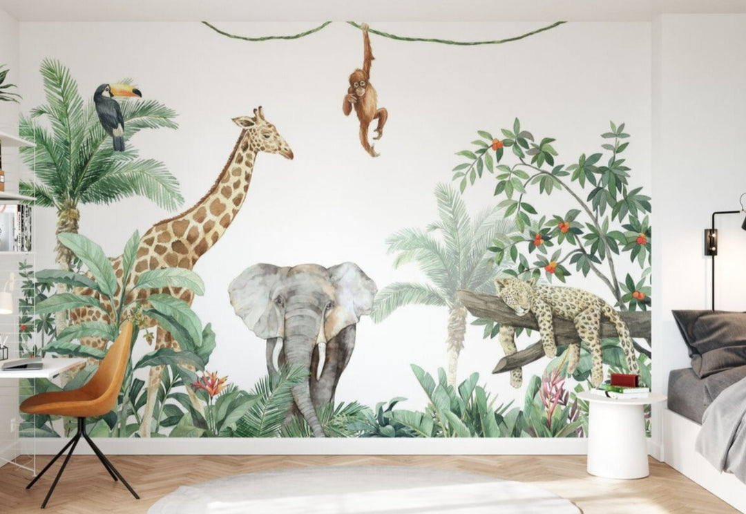 Papier peint personnalisé pour enfants – Les amis de la jungle + éléphant