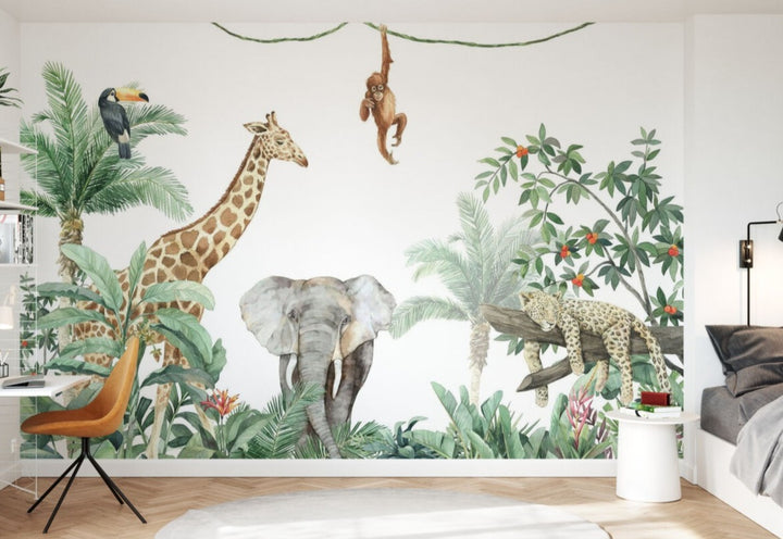 Papier peint personnalisé pour enfants – Les amis de la jungle + éléphant