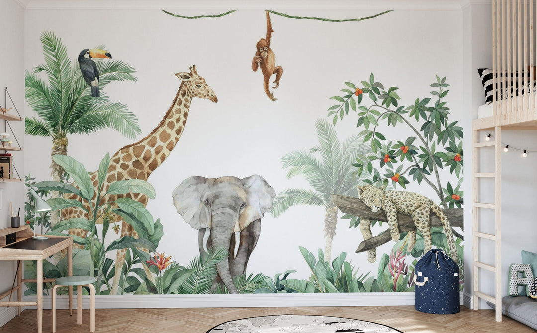 Papier peint personnalisé pour enfants – Les amis de la jungle + éléphant