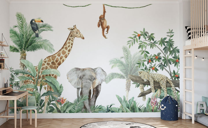 Papier peint personnalisé pour enfants – Les amis de la jungle + éléphant