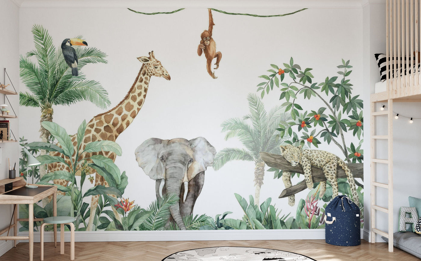 Kids Custom Wall Mural - Friends Of The Jungle + Elephant