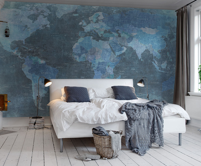 Kids Custom Wall Mural - World Map Blue